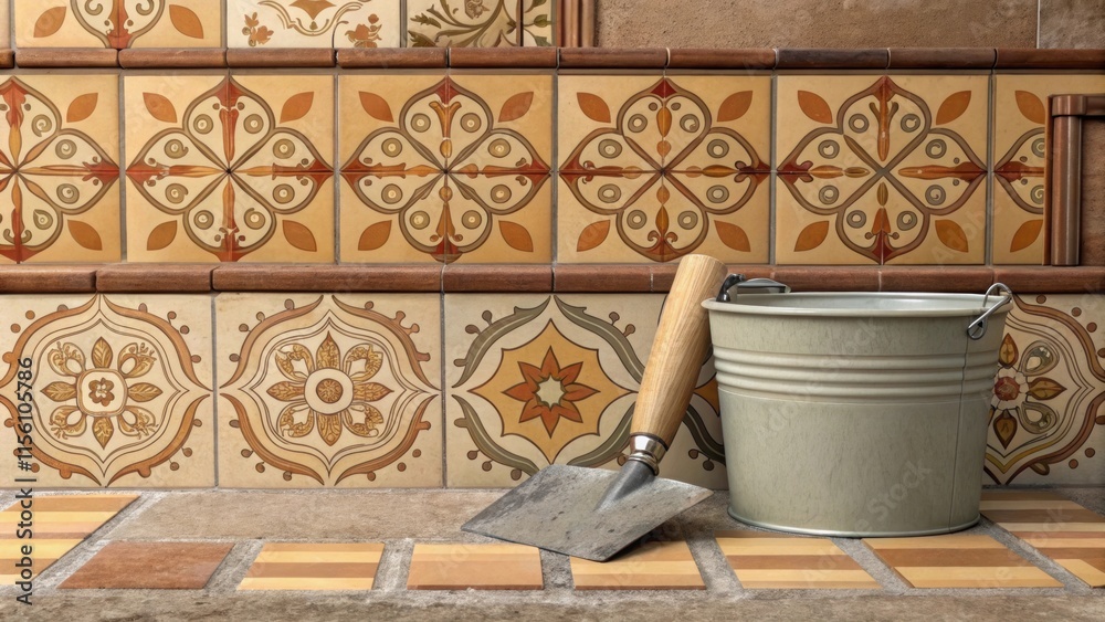 Aufkleber a series of expertly arranged ceramic tiles evoking a mediterranean feel with a glimmering trowel re