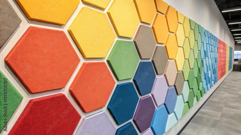 Poster A series of colorful soundproofing panels arranged in a honeycomb pattern capturing the variations in light as it reflects off the subtly rounded edges.