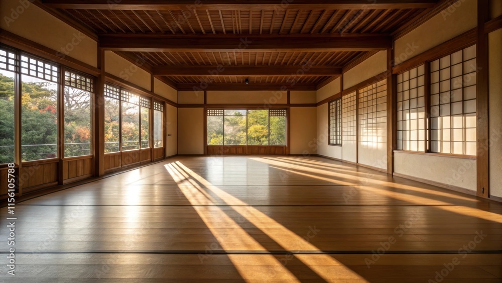 Aufkleber A serene view of the empty space where the sunlight casts gentle shadows across the warm polished floor enhancing the feeling of tranquility.