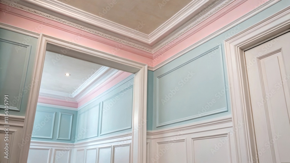 Poster a serene corner that showcases the transition from wall to ceilingan unfinished molding edge not qui