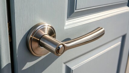 A shiny stainless steel lever handle casting a subtle shadow on the pale gray door surface showcasing its ergonomic shape and polished edges.