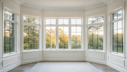 Obraz premium A serene space flooded with natural light revealing the pristine facade of new windows that frame a flawless view of the outside world.