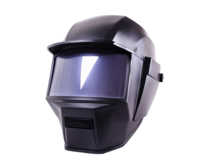 Close-up of a sleek black welding helmet showcasing its protective features and visor. Isolated on transparent white background, png