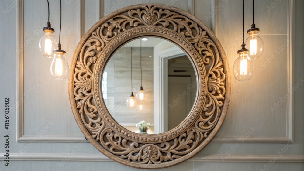 Poster a round ornate mirror with intricate carvings sits against a light gray wall reflecting the soft glo