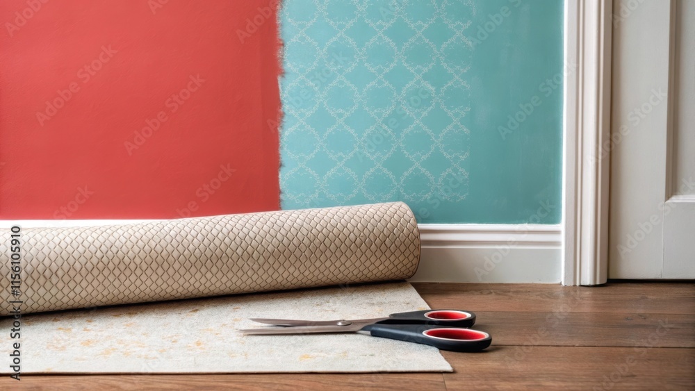 Aufkleber a roll of textured wallpaper rests against a freshly painted wall its muted tones contrasting with t