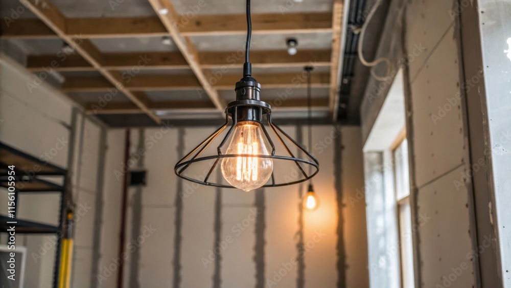 Aufkleber A raw industrialstyle light fixture hangs from the ceiling its wires dangling as they await connection. The stark bulb casts a warm glow enhancing the renovations ambiance.