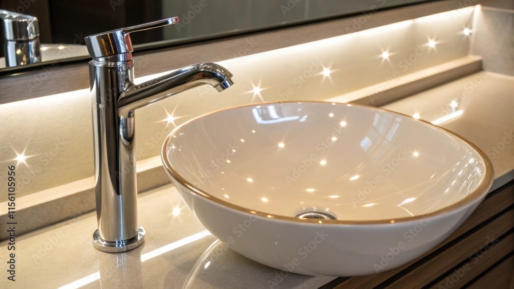 Poster a radiant surface of a vessel sink reflects the soft glow from nearby lights while a streamlined fau