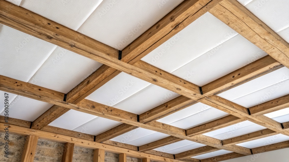 Poster a portion of the ceiling showing a collection of raw wooden beams interspersed with white acoustic p