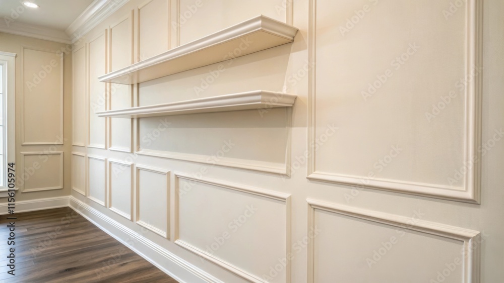 Poster A pristine light ivory wall characterized by its simplicity offering a serene and inviting foundation for the placement of floating shelves.
