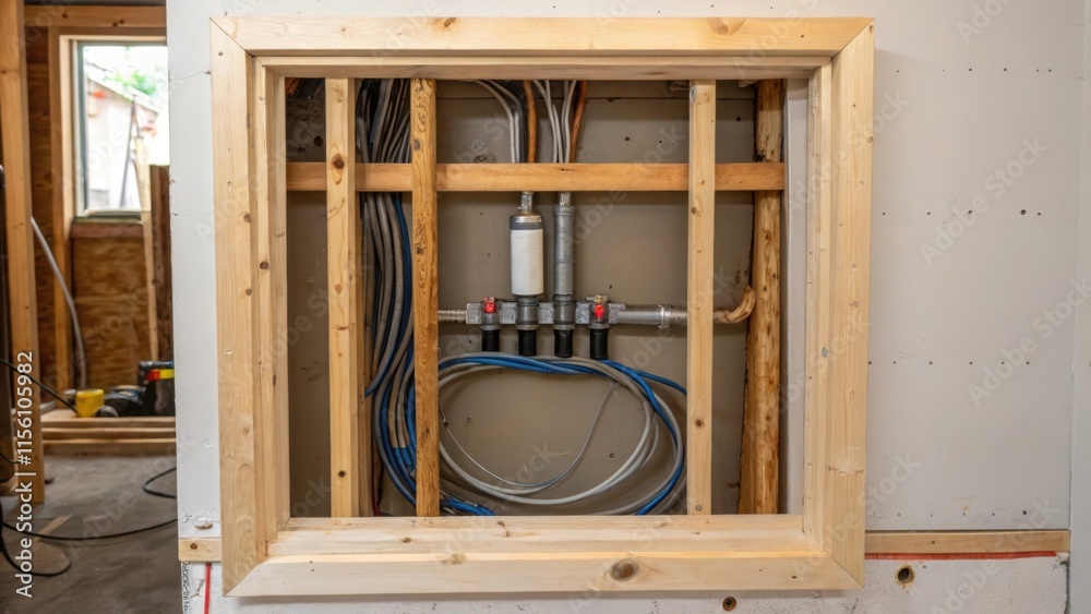 Poster A raw wooden frame outlines a space in the wall showcasing the electrical wiring and plumbing behind it. The wires are neatly bundled emphasizing the meticulous preparation for the