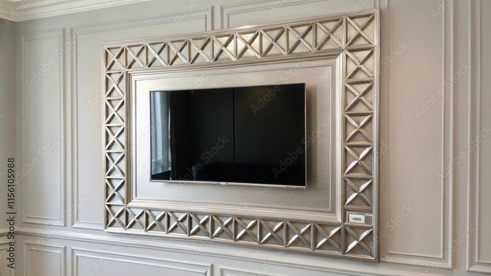 Poster A pristine gray wall is the backdrop for a polished silver TV mount its geometric design adding a touch of sophistication in an otherwise uncluttered space.