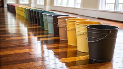 A rhythmic alignment of grout buckets organized from darkest to lightest their matte finishes creating a color gradient atop the polished wooden floor that adds warmth to the