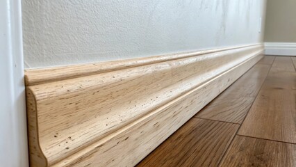 A raw wood baseboard yet to be painted shows its natural imperfections against a smooth white wall highlighting the contrast between unfinished and refined elements.