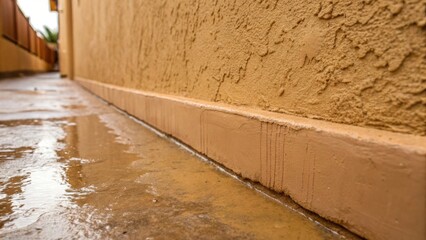 A portion of a wall adorned with a rich earthy beige hue with a small pool of paint that hasnt dried yet collecting in the smooth crevices of the textured surface.
