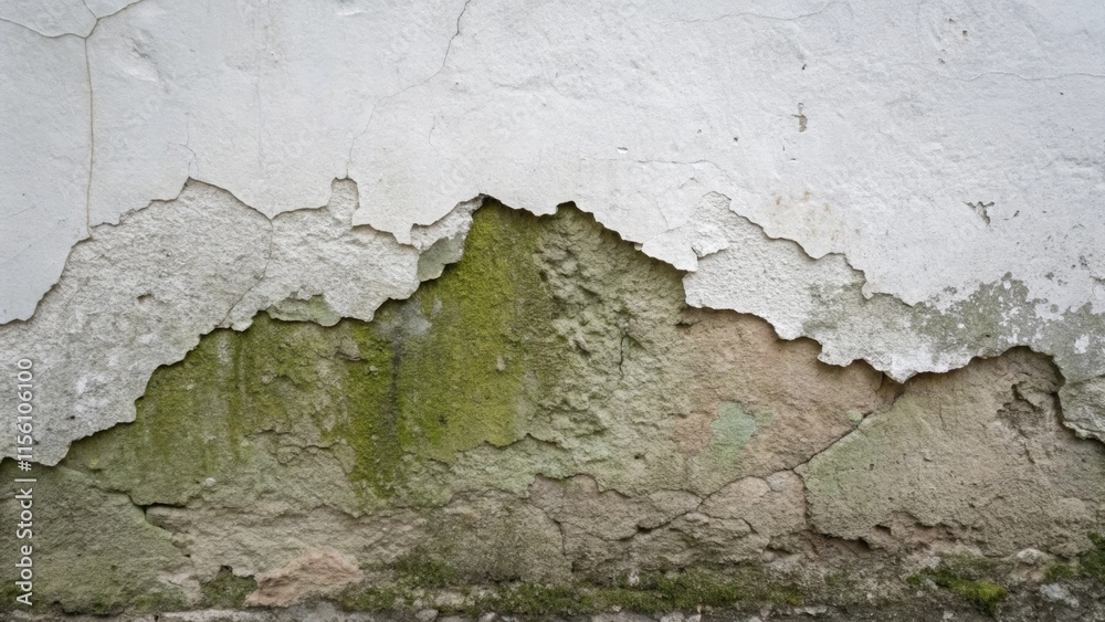 Aufkleber A patch of crumbling plaster on the wall revealing the rough uneven surface underneath with a hint of mold forming in the damp corner.