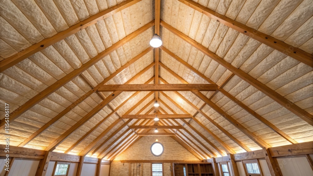Poster A panoramic view upwards where the beams create a vault effect integrating fresh insulation that adds to the cozy inviting atmosphere of the space.