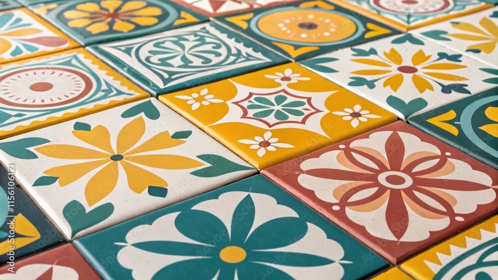 Poster A of patterned tiles each adorned with unique geometric designs in bold colors like teal mustard yellow and terracotta creating a playful yet harmonious aesthetic.