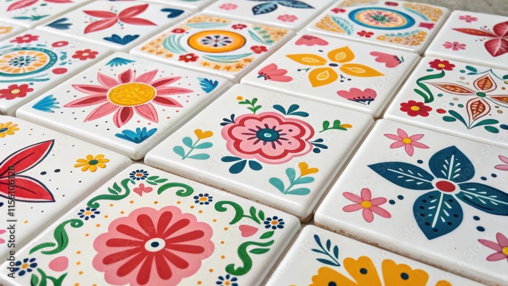 Aufkleber A pattern of handpainted tiles featuring whimsical designs with splashes of bright colors and unique illustrations that add character and charm.