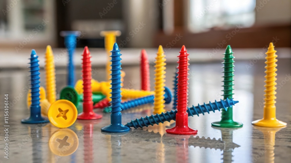 Aufkleber A of colorful plastic anchors and screws on a polished surface some leaning precariously while others are perfectly upright creating an energetic and dynamic composition.