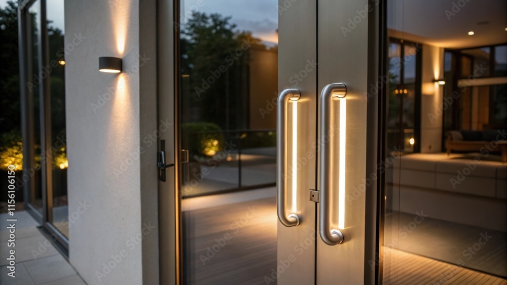 Poster A pair of seamless ambientlight illuminated door handles glowing softly at night complementing the sleek surfaces of a modern sliding door.
