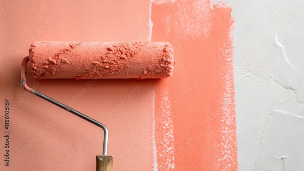 Poster a painters roller covered in a thick layer of light coral paint resting against the wall where the v