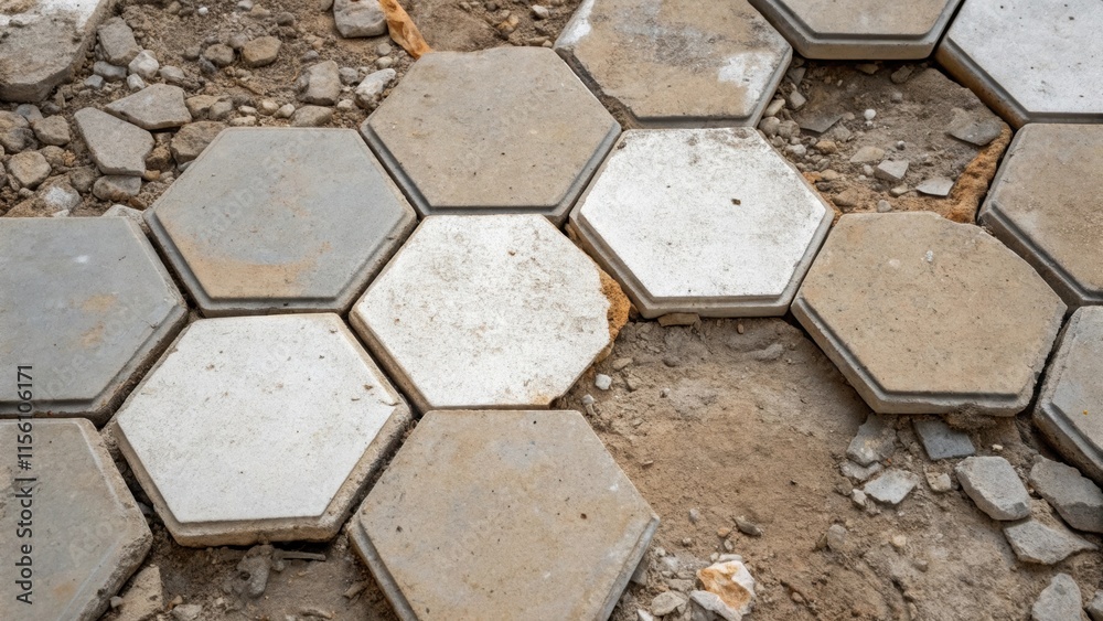 Poster A of hexagonal tiles some whole and others fractured mixed with remnants of mortar the rough edges revealing the raw material beneath the glazes.