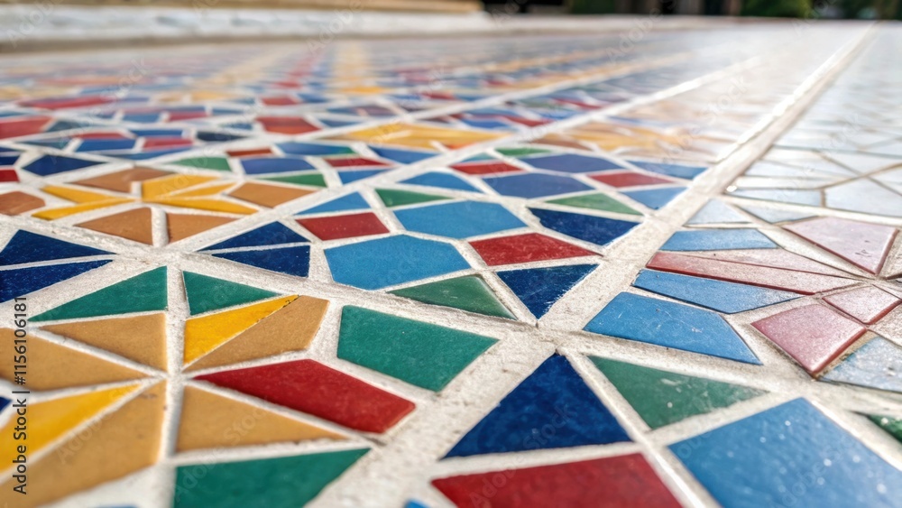 Aufkleber An upclose view of geometric patterned mosaic tiles their vivid colors enhanced by freshly applied grout which fills the spaces neatly and evenly creating a striking visual