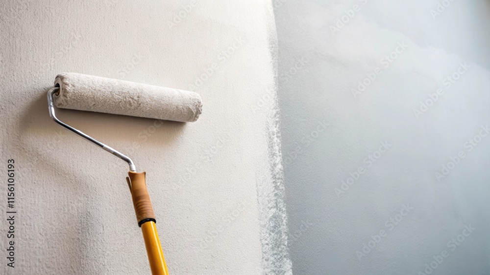 Aufkleber An upclose view of the freshly primed walls subtle texture under diffused lighting with a paint roller propped against it illustrating the gap between the wall and the forthcoming