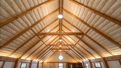 A panoramic view upwards where the beams create a vault effect integrating fresh insulation that adds to the cozy inviting atmosphere of the space.