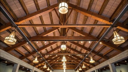 A of exposed beams intersecting dramatically in the ceiling each beam varying slightly in color and texture accompanied by elegant pendant lights that illuminate the space with a
