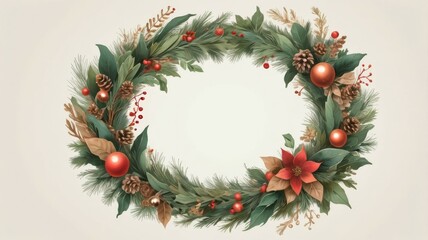 A beautifully arranged holiday wreath on light background made of pine branches, red berries, golden pinecones, and vibrant ornaments. Perfect for festive atmosphere during winter celebrations.