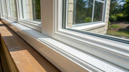Obraz premium An upclose view of the exterior side of the window frame where the fresh paint glistens in the sunlight and the transition to the sealing material is crisp and clean.