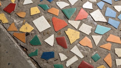 A of ceramic fragments some still semihold their original color are juxtaposed against streaks of grime suggesting stories of their former place on the floor.