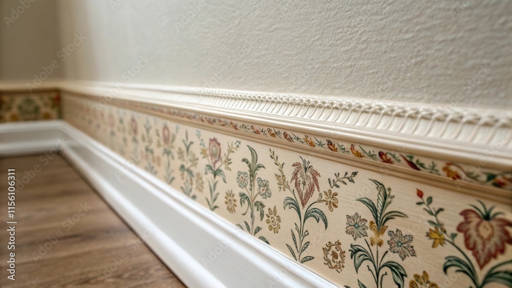 Aufkleber An upclose look at the seam where two strips of wallpaper meet displaying the careful alignment of the patterned edges against the smooth wall surface.