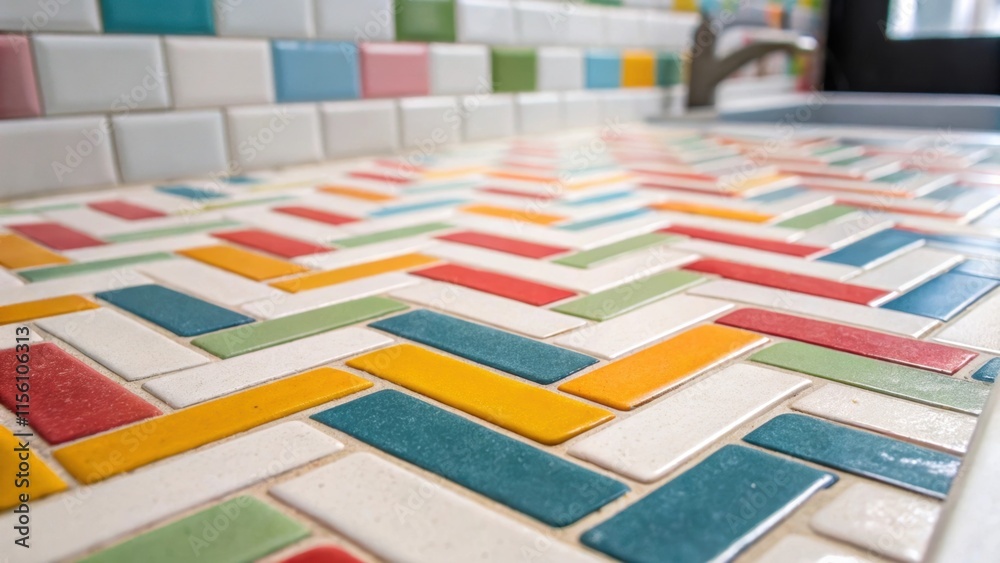 Aufkleber An upclose look at a whimsical pattern of colorful tiles laid in a herringbone style where each angle is neatly filled with grout adding a playful yet cohesive character to the