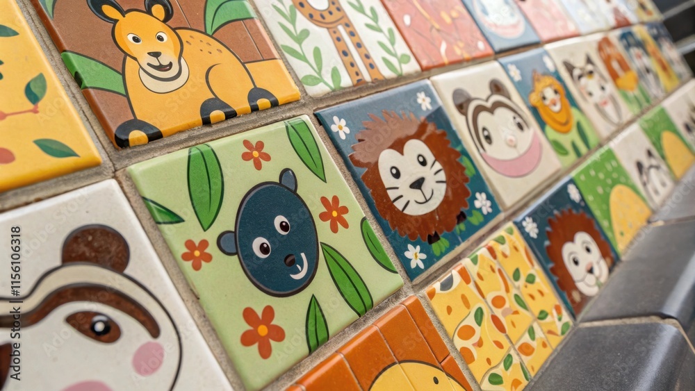 Aufkleber An upclose look at a whimsical tile design featuring animals partially grouted to allow glimpses of the underlying structure capturing a sense of playful renovation.