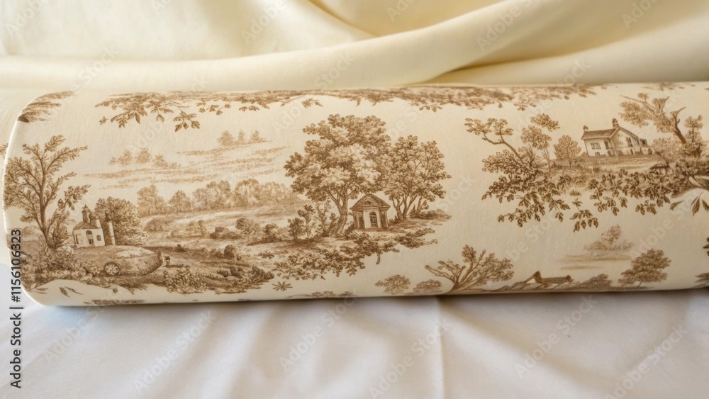 Poster an upclose look at a roll with a classic toile design the intricate scenes depicting countryside cha