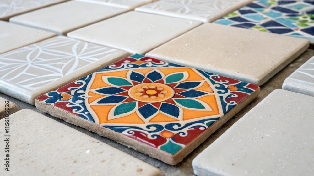 Poster an upclose look at a single vibrant tile featuring geometric designs surrounded by a few raw tiles a