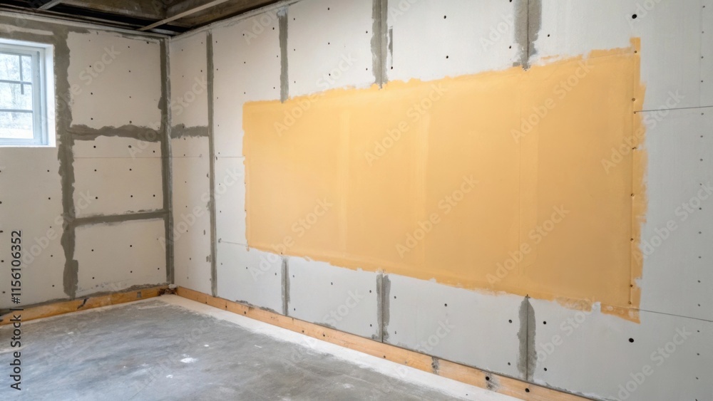 Poster an unfinished wall with a rectangular patch of light beige paint its warm tones standing out against