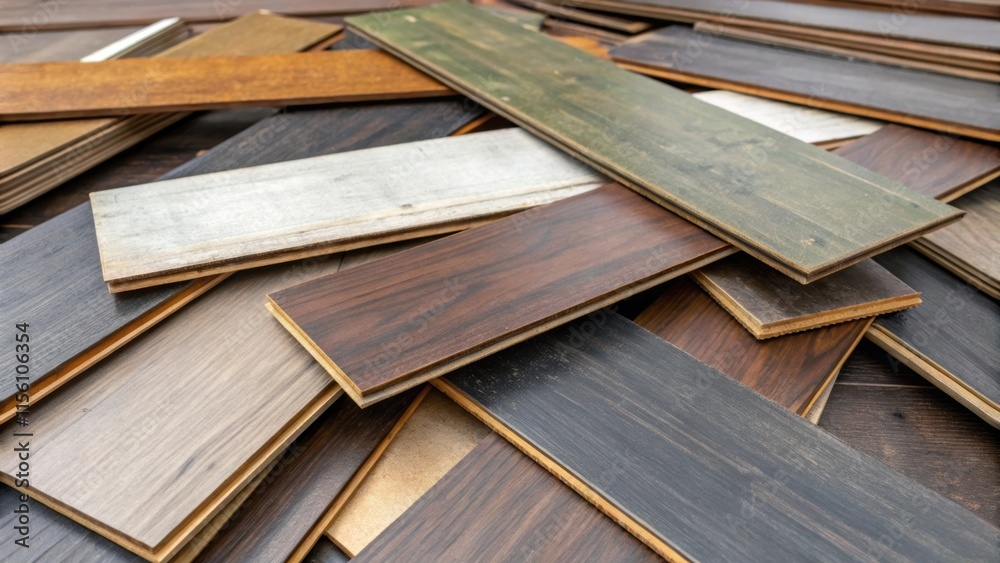 Aufkleber an unkempt pile of laminate flooring pieces where one board is halfturned to reveal a glossy finish 
