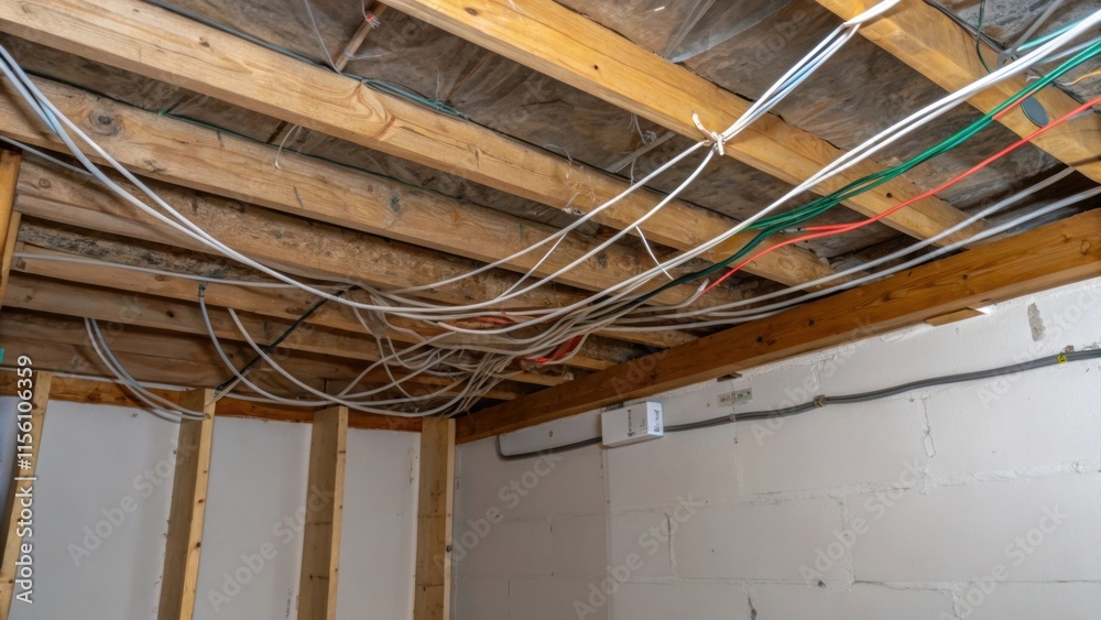 Poster An unfinished corner shows a tangle of electrical wires strung across the ceiling joists with glimmers of insulation peeking through creating a contrast of texture and color.
