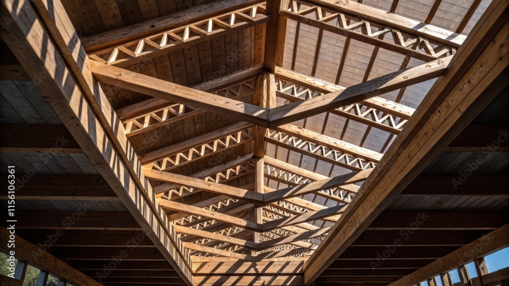Aufkleber An overhead view of exposed beams with intricate joinery showcasing the craftsmanship and attention to detail highlighted by shadows that deepen their contours.
