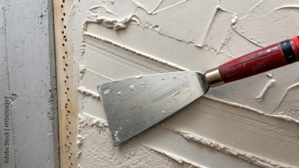 Poster an upclose depiction of a walls freshly applied patch showcasing the meticulous detail of tool marki