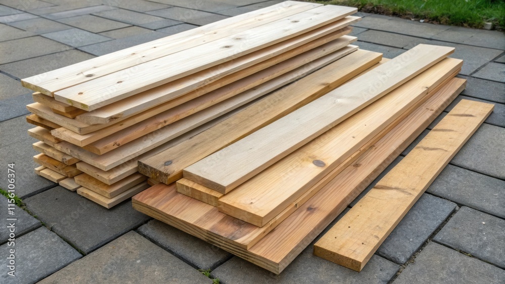 Aufkleber An overhead view of the stack concentrating on the varying lengths of the boards with a few loosely p on top adding an air of informality to the tidy arrangement.