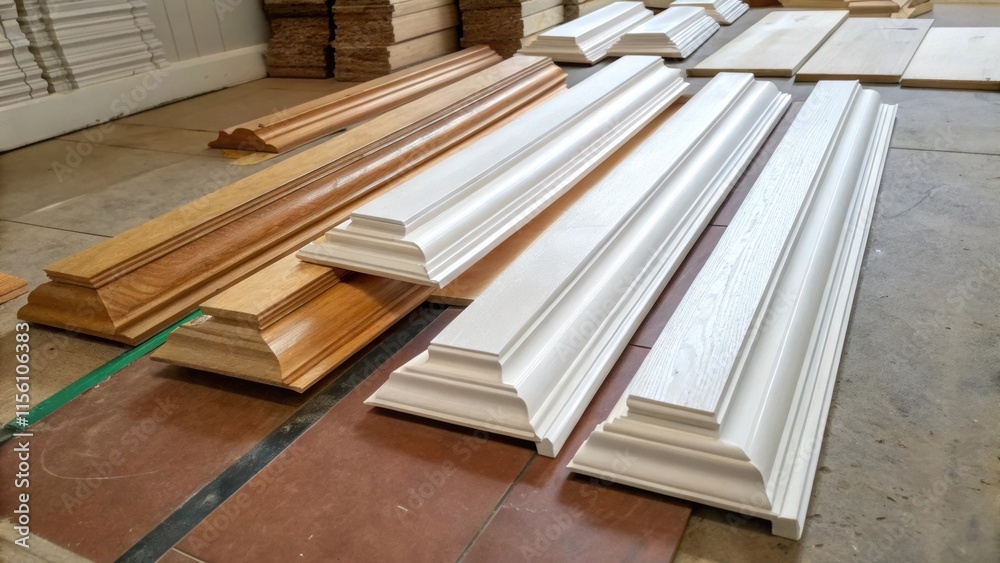 Aufkleber An overhead view of baseboards stacked asymmetrically each piece showcasing varying lengths and styles with a contrasting backdrop of unfinished flooring.