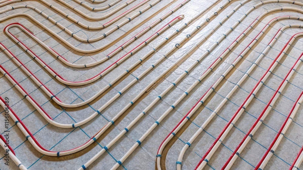 Poster An overhead view of partially laid pipes intertwining and spiraling in a rhythmic pattern with thin layers of insulation visible along the edges indicating the careful planning of