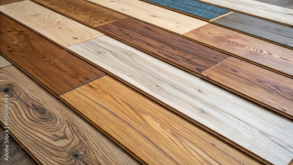 Poster an overhead shot of several laminate boards laid out displaying various shades of wood tones each pi