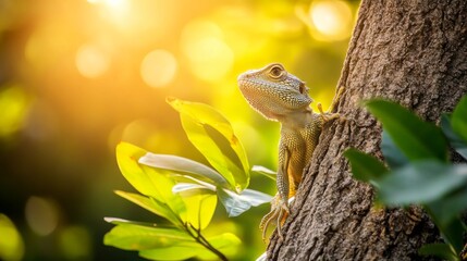 A Stunning Lizard Perched on a Tree in a Sunlit Forest, Showcasing Nature's Beauty and the Intricate Details of Wildlife in a Serene Environment