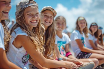 A group of young girls with long hair sit and laugh at a skate bowl, enjoying a sunny day together and showcasing their friendship.