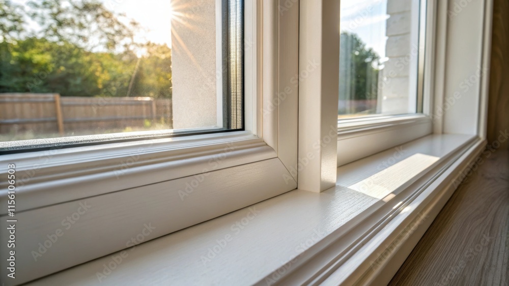 Poster An intricate shot of the interior view of a new window frame highlighting the seamless integration of the trim and an expertly filled gap with sunlight illuminating the area.